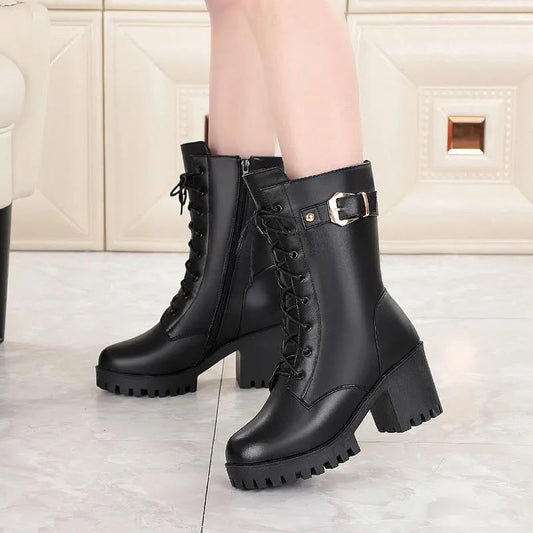 Cotton Warm Martin Boots Women Winter Plus Velvet Mid-tube Short Boots with Thick High-heeled Cotton Shoes