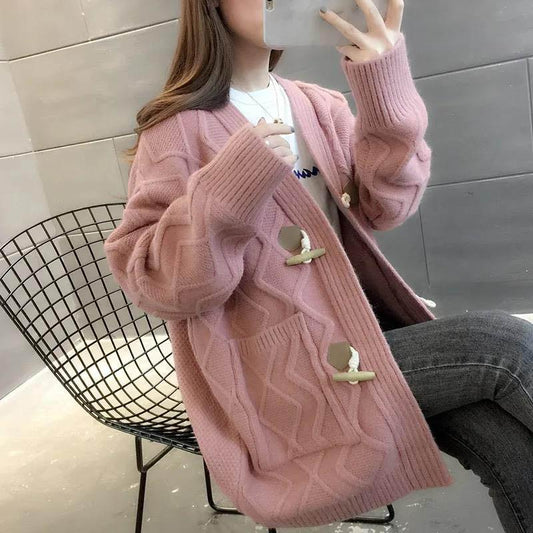 Lazy Style Knitted Cardigan Women's Autumn and Winter Style Thick Loose College Style V-neck Long-sleeved Sweater Jacket