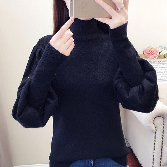 Women's Turtleneck Sweater Autumn Winter Lantern Sleeve Knit Top Loose Solid Color Pullover Sweater loose knitwear