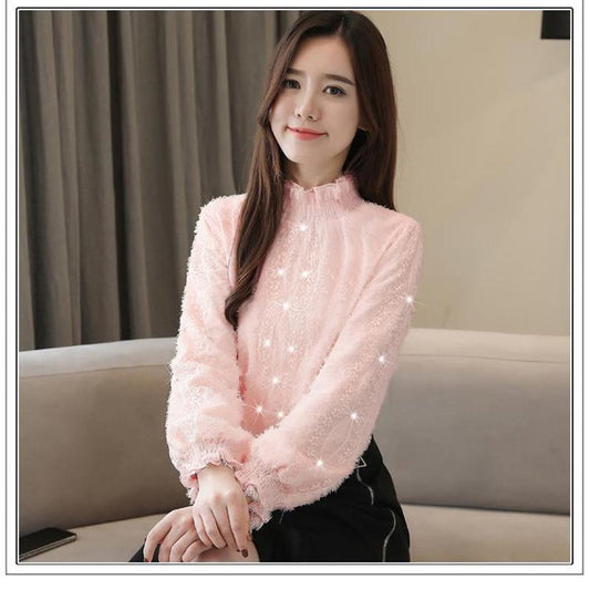 Lace Bottoming Shirt Autumn and Winter Fashion Trend Chiffon Shirt Flocking Blouse