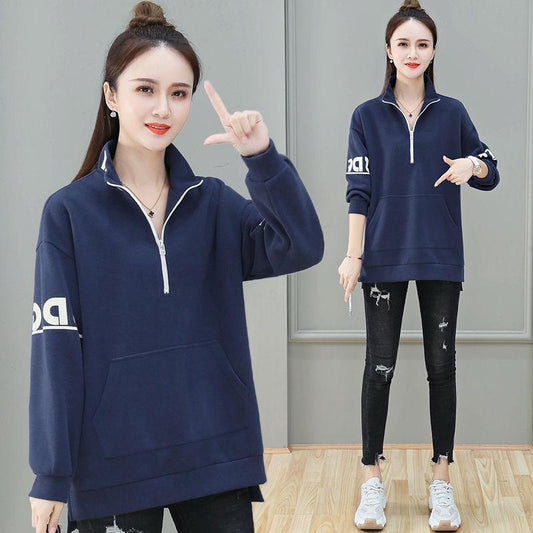 Mid-length Stand-up Collar Cotton Sweat Women Spring and Autumn Loose Pullover Blouse Fashionable Slim Coat
