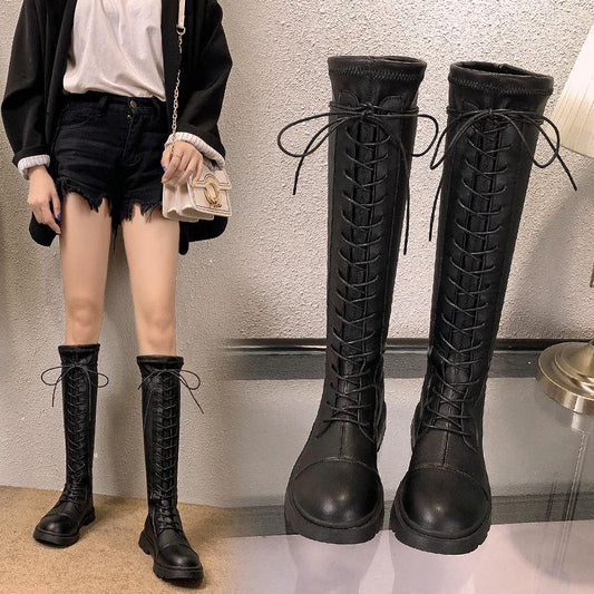 Women's Autumn Boots Lace-up High-Top Martin Women's Boots Not Over The Knee Boots Small Girls Cavalier Boots