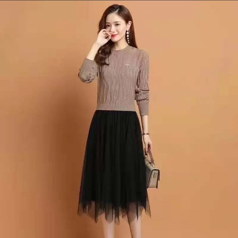 2021 New Female Autumn and Winter Mid-length Fake Two-piece Dress All-match Knitted Bottoming Shirt Inner Dress