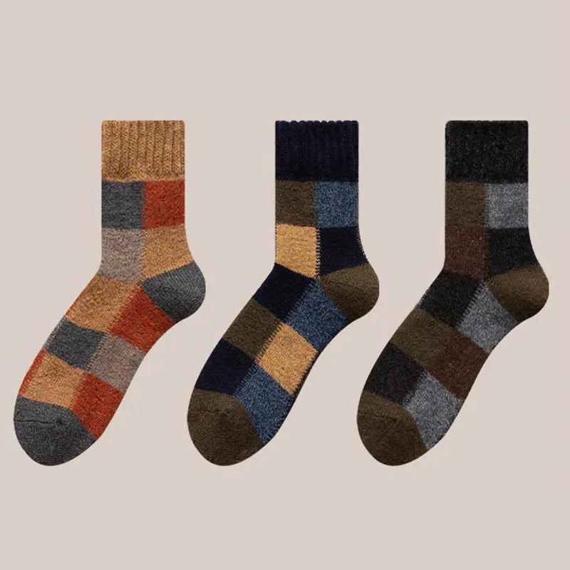 Three Pairs of Winter Men's Wool Socks Plus Velvet Thick Terry Snow Socks Fashion Stitching Multicolor Tube Socks