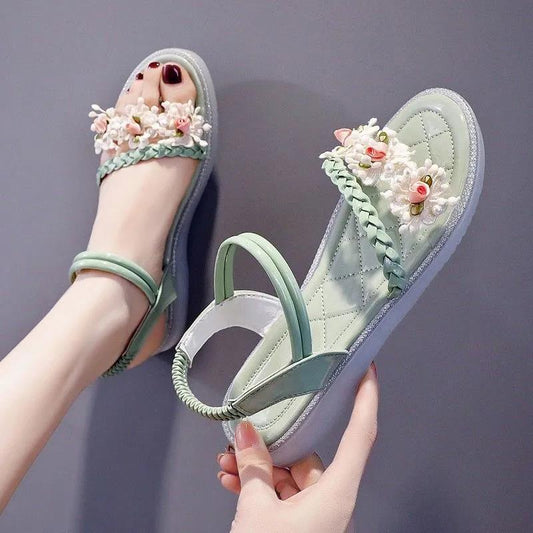 Sweet Style Flower Sandals Women's Summer All-match Thick-soled Non-slip Roman Shoes Comfortable and Lightweight Ladies Princess Shoes