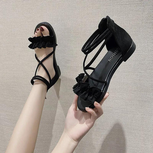 Roman Sandals Women's Summer Flat-bottom Straps All-match Casual Beach Shoes Women's One-word Buckle Flat Sandals Sweet and Light