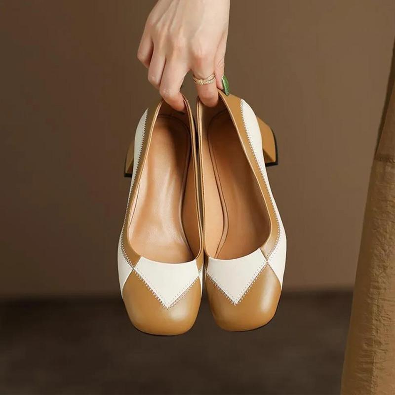 Women's Soft Small Leather Shoes Leather Retro Thick Heel Round Toe Fashion Color Matching Casual Shallow Mouth Sandals