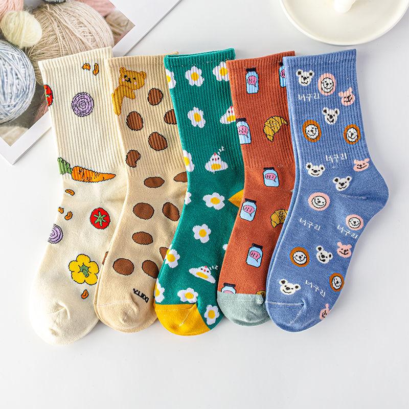 Five Pairs of Women's Socks Fashion Print Cartoon Pattern Socks Winter Thick Warm Pile Pile Socks