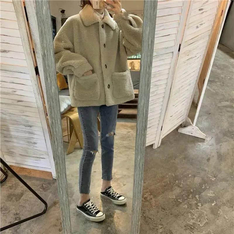 Winter Jacket Women Thick Velvet Korean Imitation Lamb Student Super Fire Loose Wild Plush Velvet Top