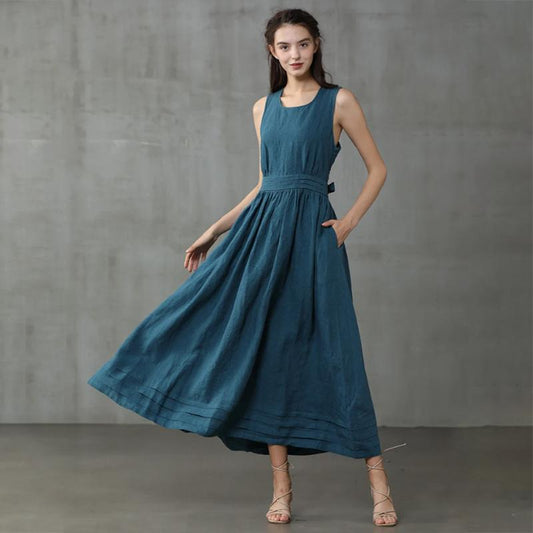 Cross Back Linen Dress, Drawstring Waist Slim Temperament Large Swing Skirt,maxi Dress, Sleeveless Dress, Layered Linen Dress, Apron Dress