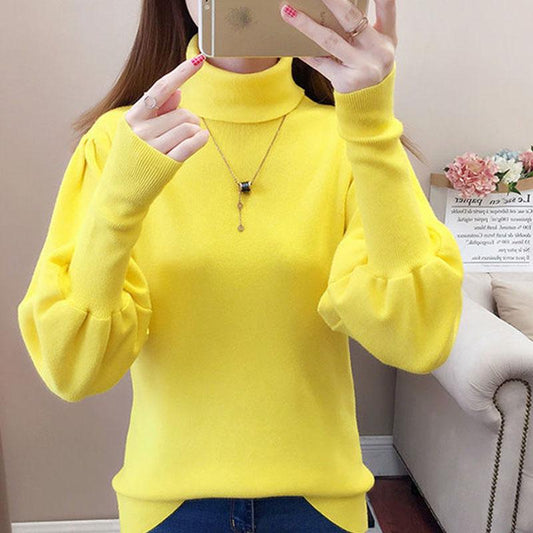 Women's Turtleneck Sweater Autumn Winter Lantern Sleeve Knit Top Loose Solid Color Pullover Sweater loose knitwear