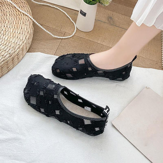 Hollow Cloth Shoes Women's Cotton Linen Lining Sweat-absorbent Breathable Flat-soled Shoes Comfortable Lightweight Non-slip Rubber Soles