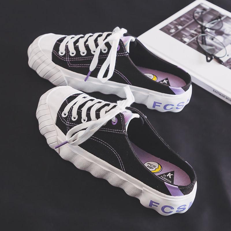 Canvas Shoes Women 2020 Spring and Aummer Women's Lace-up Casual Shoes Without Heel Half Support One Pedal Lazy Shoes
