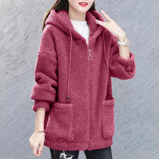 Autumn and Winter Hooded Zipper Cardigan Plus Velvet Thickening Imitation Lamb Velvet All-match Loose Warm Jacket Women