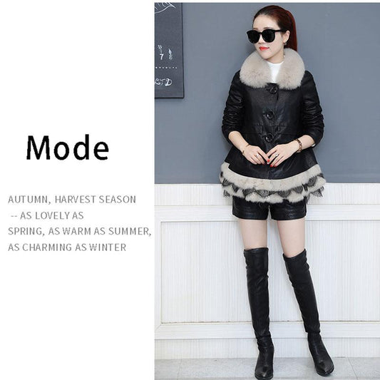 Women's Leather Coat with Faux Fur Collar Mid-length Autumn and Winter Slim Thickening Artificial Leather Jacket with Lace Female Outerwear