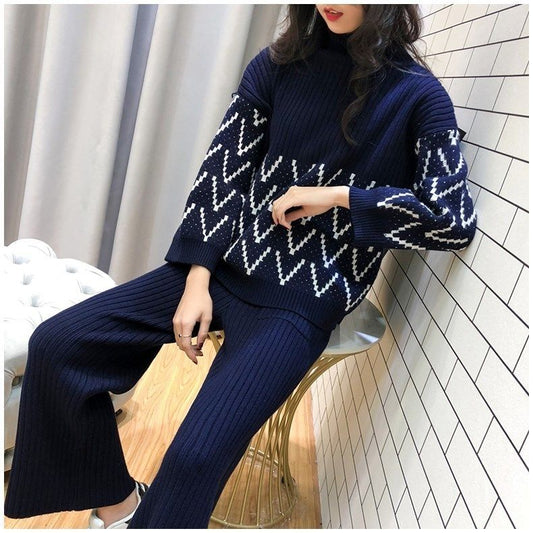 2pcs/set Winter Tracksuit 2 Piece Pant Suits for Women Knitted Long Sleeve Two Piece Set Knit Top and Pants Women Outwear Outfits