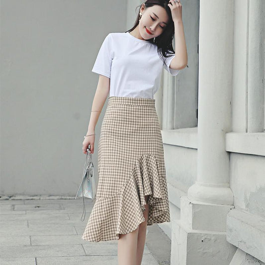 2020 High-waisted Tight-fit Plaid Skirt Woman Vintage Package Hip Fishtail Skirt Slim Lady Skirts