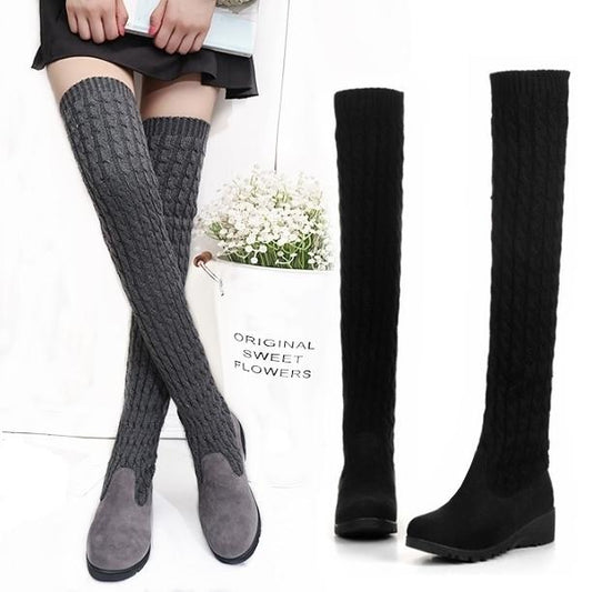 Woman Thigh High Boots Knitting Bootleg Over Knee Boot Ladies Winter Wedges Boots
