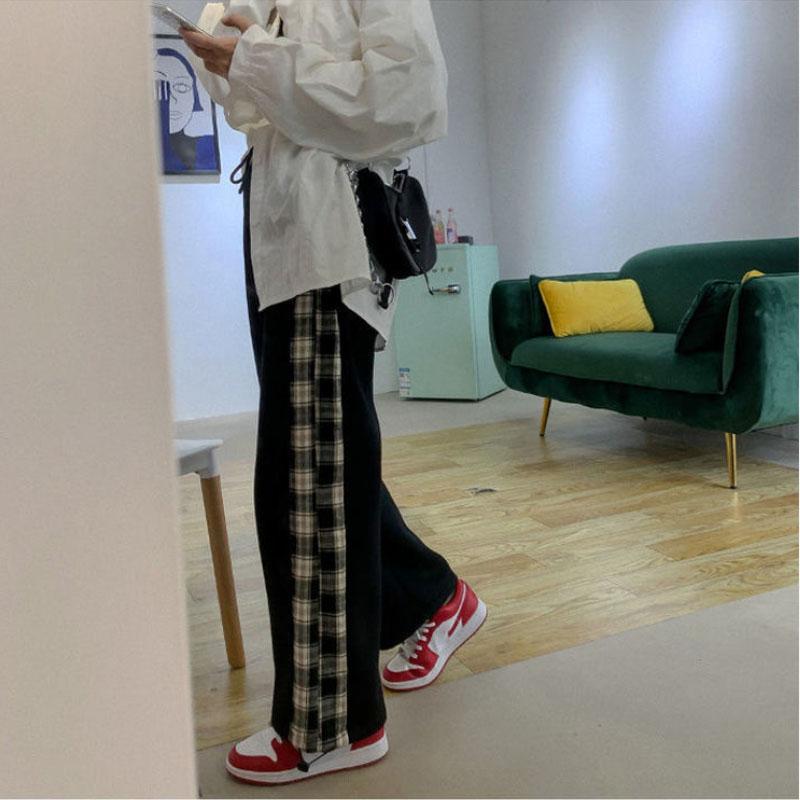 Plaid Stitching Plus Velvet Trousers Women's Autumn and Winter Thickened Straight Trousers Ins Loose-fitting Feet Were Thin and Versatile Trousers
