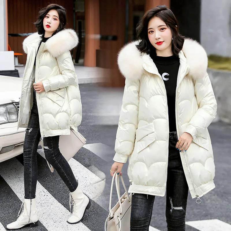 Glossy Disposable Cotton-padded Jacket Women's Loose Mid-length Large Fur Collar Thick Coat