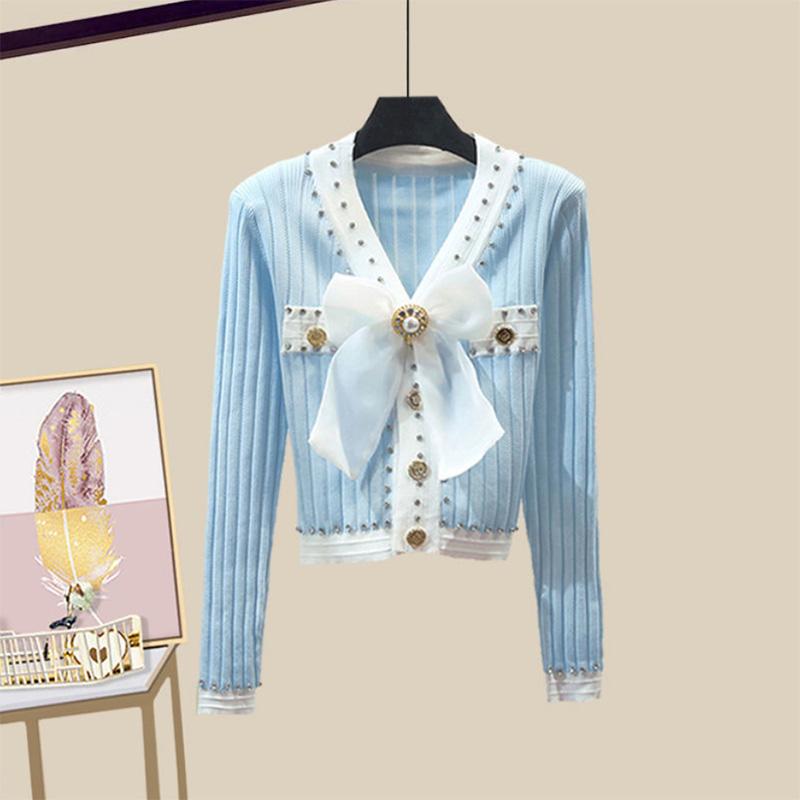 Women's Spring Suit Temperament French Waist Slimming Bow Sweater Dress Two-piece Set