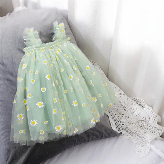 Flower Girl Feeling Summer Dress Girl Princess White Gauze Skirt Baby Girl Suspender Mesh Dress Tutu Skirt A-line Skirt