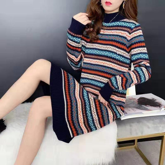 Mid-length Retro Ethnic Striped Over-the-knee Sweater Dress Female Net Red Loose Long-sleeved Hooded Pullover Knitted Jacket