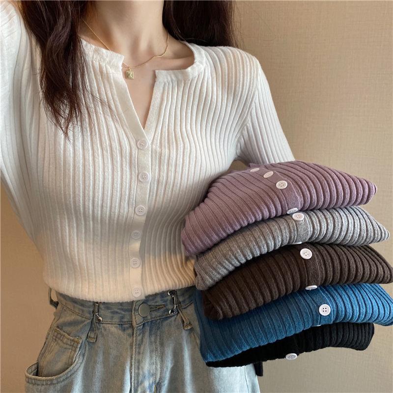 Knit Bottoming Sweater Cardigan Sweater Women V-neck Outer Wear Spring and Autumn Hedging Inner Wear Thin Section Long-sleeved Blouse Cardigan Jacket