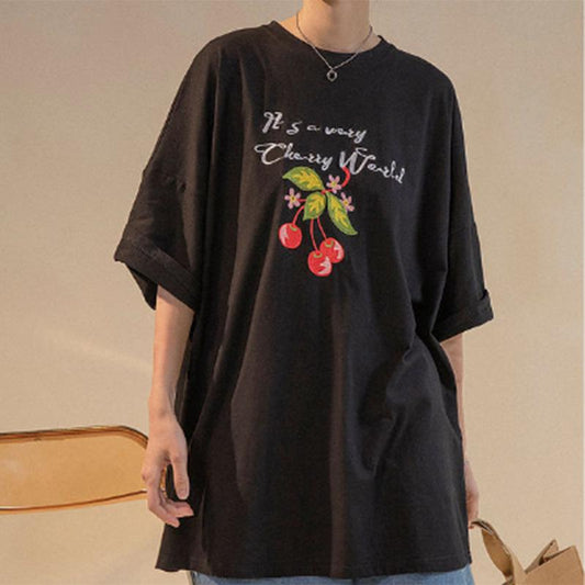 100% Cotton Hong Kong Flavor Retro Cherry Print Short-sleeved T-shirt Women's Summer Thin Design Niche Tops Trendy Ins