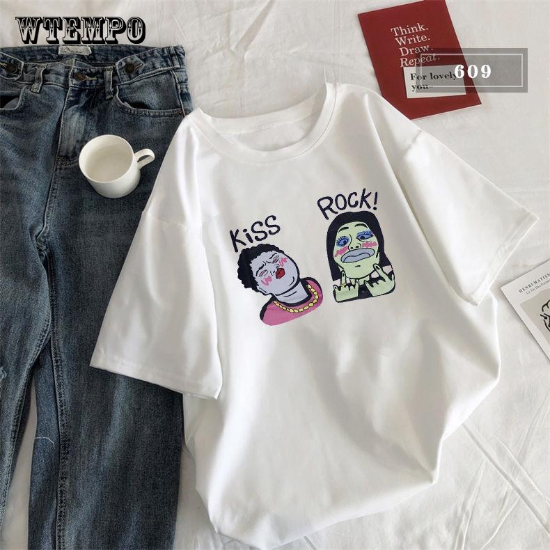 WTEMPO Short-sleeved Female Loose Korean Wild Half Sleeves Retro Hong Kong-flavored Girlfrie