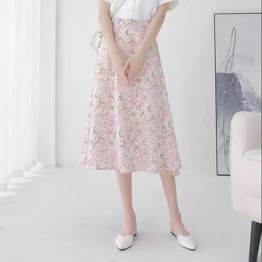 Floral Half-length Skirt Women's Mid-length A-line Skirt High Waist Small Size Thin Chiffon Print Skirt Women's Sunshine Floral Skirt