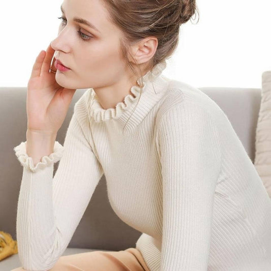 Half Turtleneck Sweater Lotus Leaf Collar Lace Sleeves Bottoming Slim Pullover Sweater