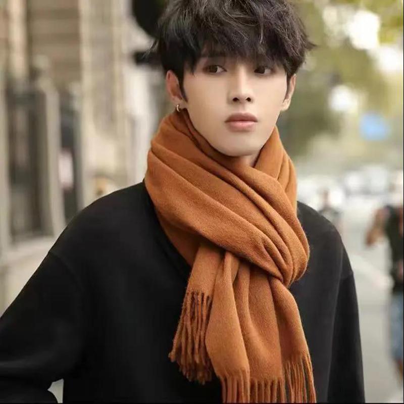 Men's Solid Color Cashmere Scarf Winter Thick Warm Wool Scarf Fashion Tassel High-end Bib Men's Gift