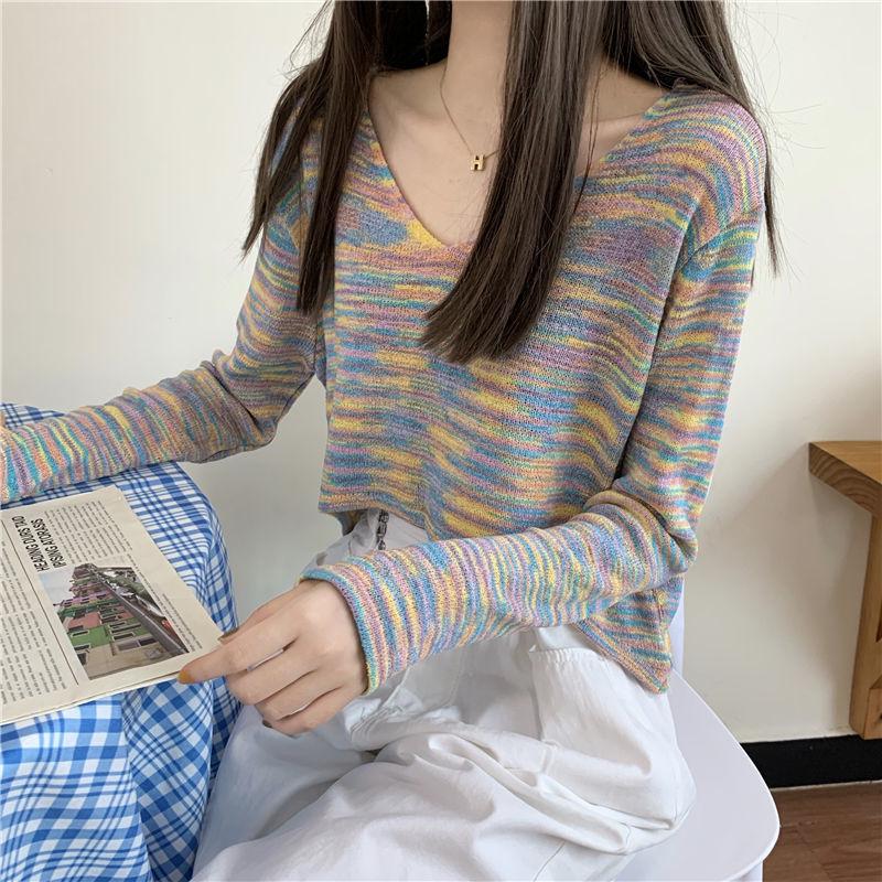 Autumn Rainbow Strip Sweet Sexy V-neck Short Cropped Long-sleeved Sweater Top Women