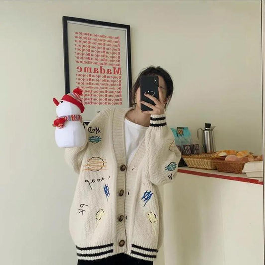 Casual Knitted Cardigan Women's Autumn Winter Long Loose Thick Student Embroidery Sweater Coat Fashion