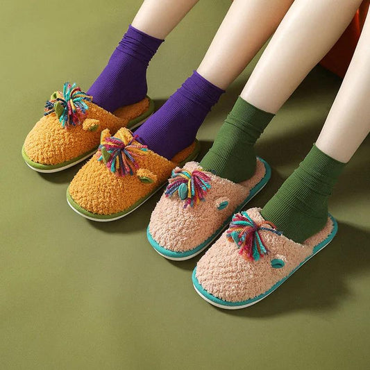 Autumn and Winter Tassel Cotton Slippers Casual Warm Flat Shoes Indoor Non-slip Cotton Shoes Soft Shoes