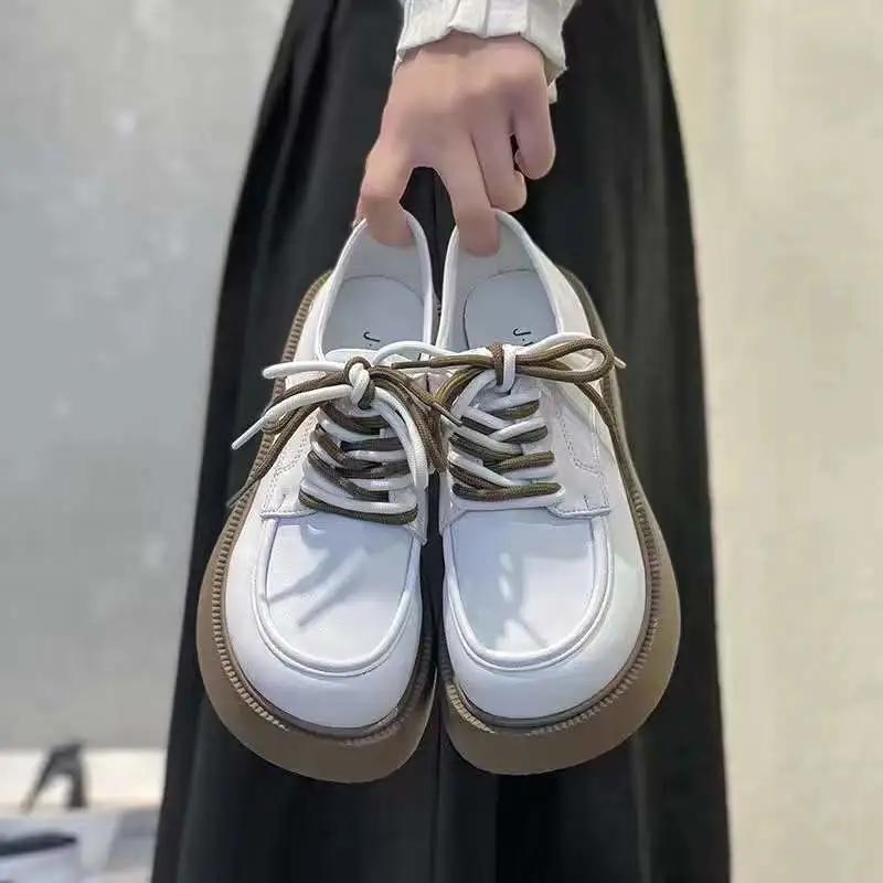 Ladies Small Leather Shoes British Style Spring College Style Jk Lace-up Thick-soled Shoes Girls Thick-bottomed Thick-heeled Loafers