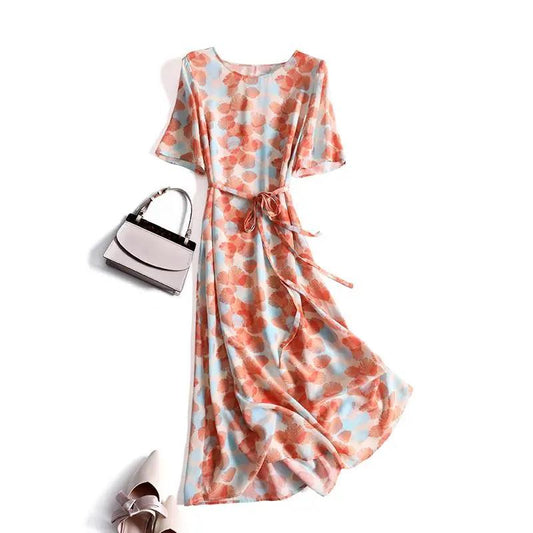 Women's A-line Skirt Summer Short Sleeve Mid Length Floral Large Size Dress Slim