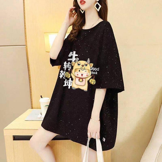 Mid-length T-shirts Women's Round Neck Short-sleeved Loose Slimming T-shirt Short-sleeved Tops Ladies Casual Loose T-shirts with Open Back Design