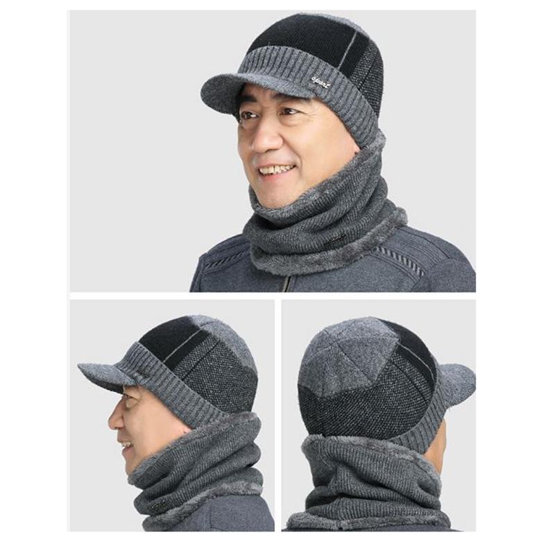 Men's Wool Hat and Bib Set Winter Ear Protection Thickened Plus Fleece Knitted Hat with Eaves Warm Hat for Middle-aged and Elderly Men
