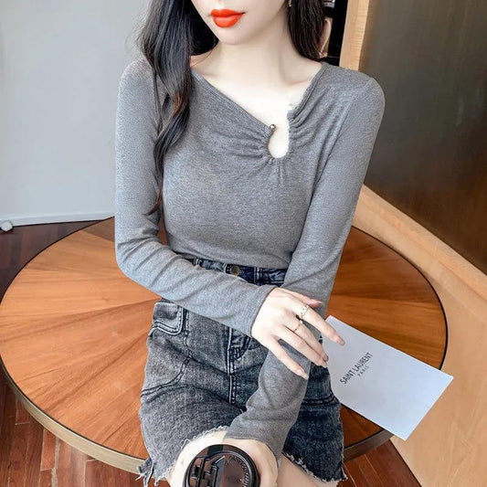 Women's Spring and Autumn Long Sleeve Top Solid Color Slim Fit All-match Bottoming Shirt