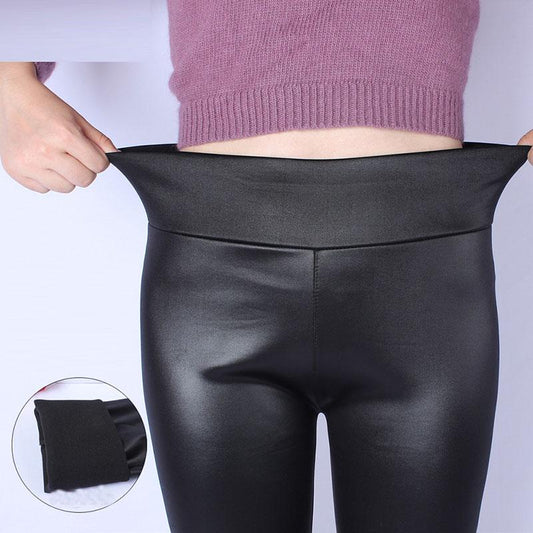 Large Size Faux Leather Pants Fashion High Waist Slimming Warm Pants Plus Velvet Thickening Women's Winter Leggings