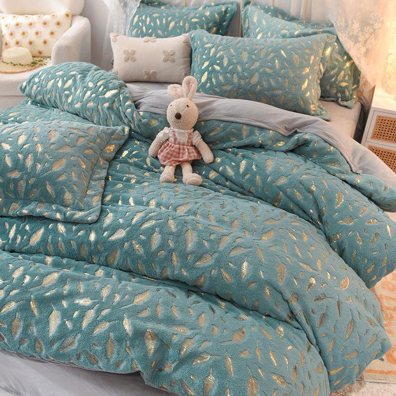 4pcs/set Winter Coral Fleece Duvet Cover Thick Warm Flannel Sheets Korean Style Sheets