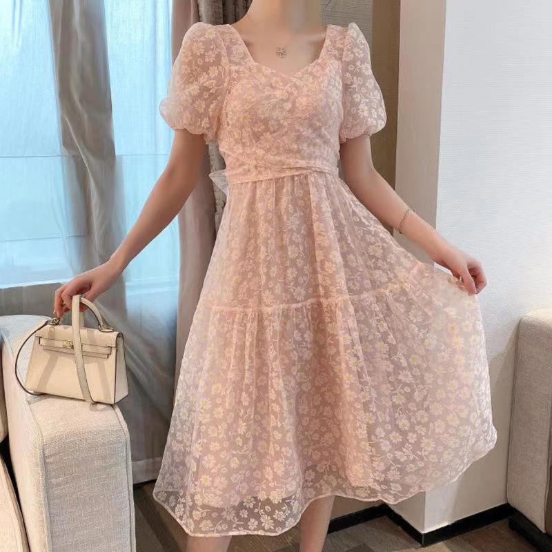 Summer Temperament Bow-knot Big Skirt Short Dress with Daisy Flowers