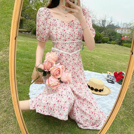 Women's Summer Mid-length Skirt Square Neck Sweet Floral Dress