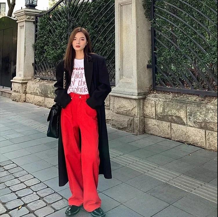 Christmas Red Jeans Female Spring Autumn High Street Loose Straight Mop Wide Legs Tide