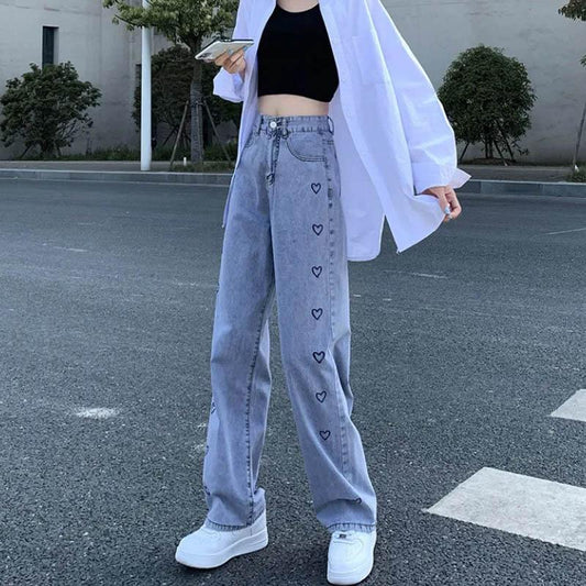 Love Embroidery Jeans Women's High Waist Slim Loose Wild Plug-in Flops Wide-leg Trousers