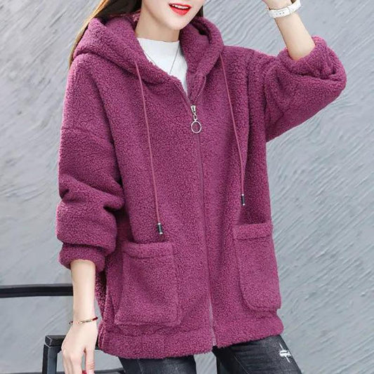 Autumn and Winter Ladies Lamb Velvet Jacket Thick and Loose Large Size Hooded Long-sleeved Zipper Jacket