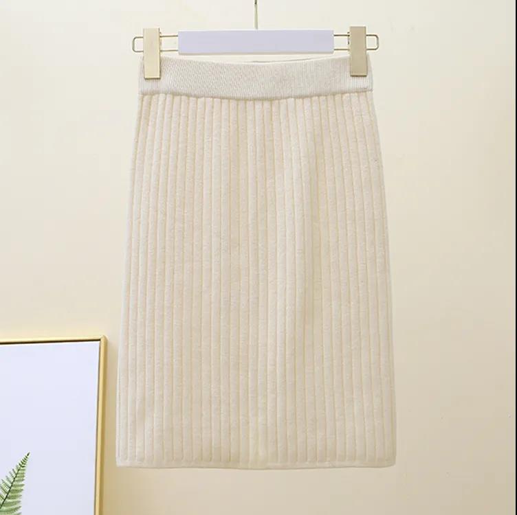 Autumn Winter Women Knitted Pencil Skirts Stretch High Waist Knee Length Slim Office Lady Bodycon