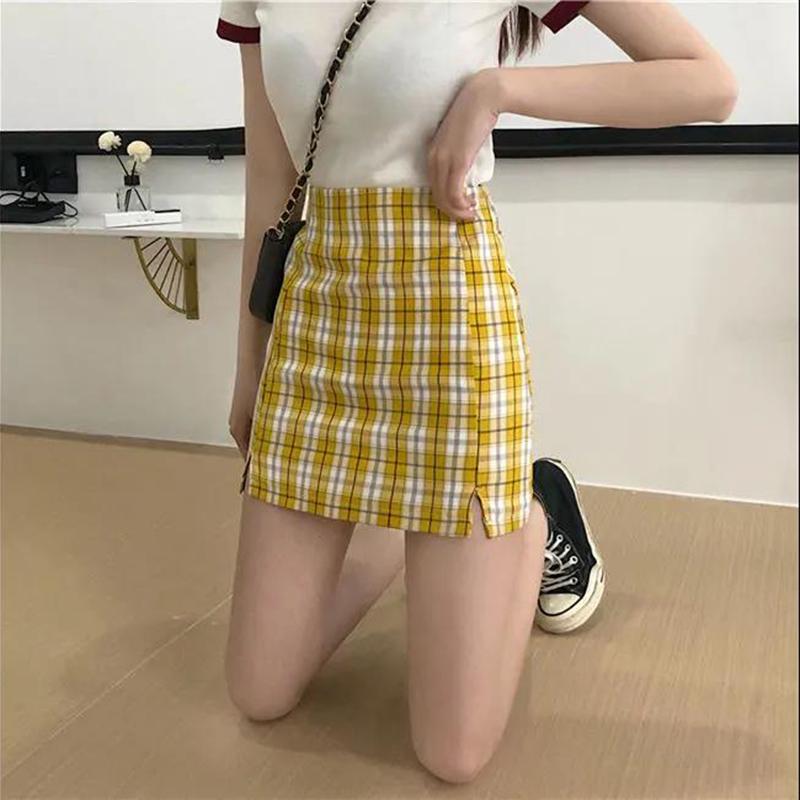 A-line Plaid Skirt Sweet Girl Student Mini Women High Waist Grid Split Short Skirts